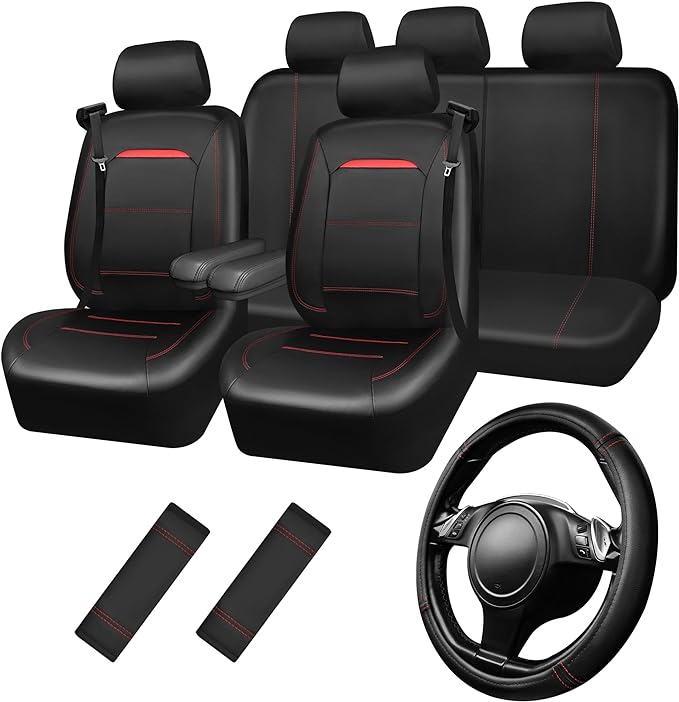 Leather Car Seat Cover Full Set with Steering Wheel Cover and 2PCS Seat Belt Shoulder Pads,for Trucks and SUV with Built-in Seatbelts and Front Seat Side Armrests(Combo Set, Black and Red)