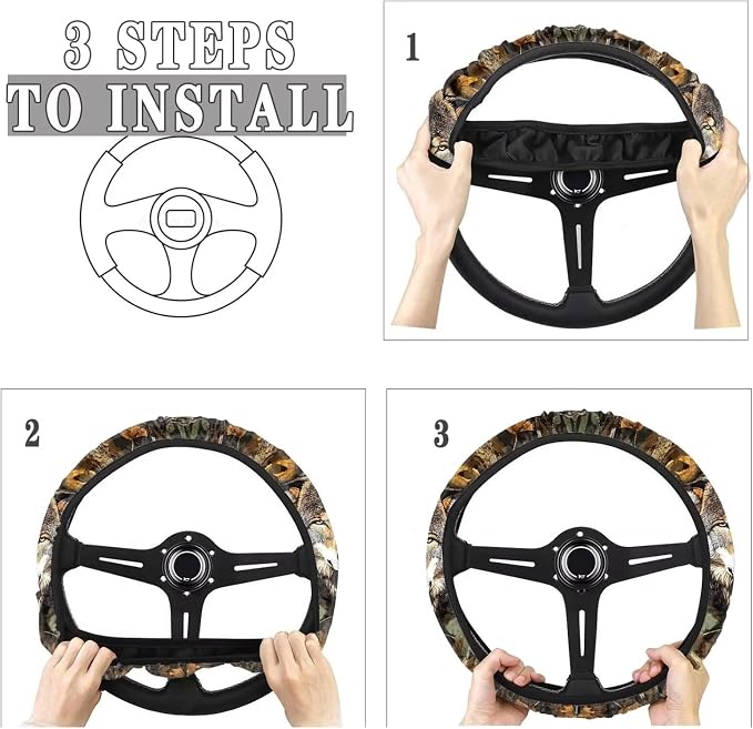 Wolf Camo Hunting Forest Car Steering Wheel Cover 15 Inch, Soft Stretch Anti-Slip Washable Car Accessory Decor Universal Fit for Sedan SUV Truck