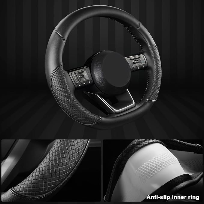 D Shape Steering Wheel Cover for Nissan Rogue Kicks - Auto Car Steering Wheel Cover Customized for Nissan Altima Sentra(Black+Black Line-D-Shaped)