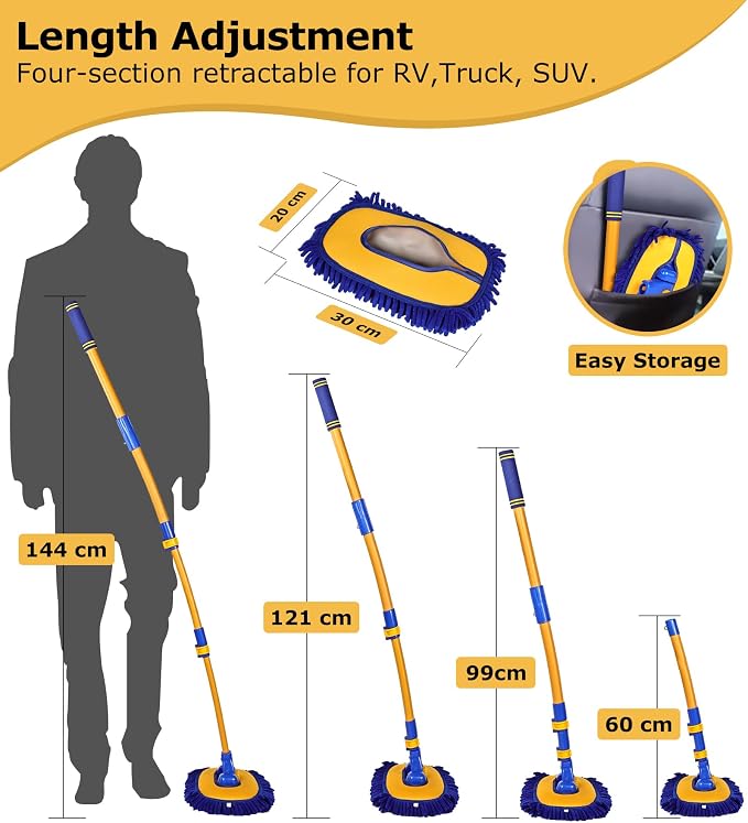 56.7" Car Wash Brush Mop Kit Mitt Sponge with Long Handle Car Cleaning Supplies Kit Tools Car Washing Duster Exterior Scratch Free, Chenille Replacement Head Extension Pole