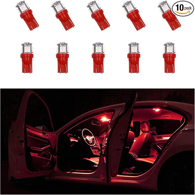 10 PCS Car Interior LED Light Bulb, T10 5050 5SMD LED Car Bulb Kit, Super Bright Automotive Led Replacement Bulbs for Dashboard Dome Map Door Courtesy License Plate Lights (Red)