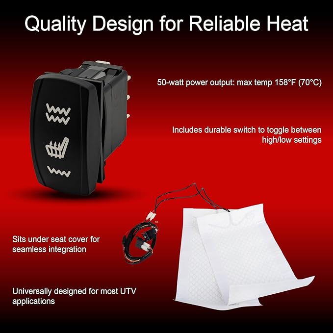 Tusk UTV Seat Heater Kit, Universal Fit - Heated Seat Pad System with Dual Temperature Settings, Wiring Harness and Switch, Fits Most UTV Machines