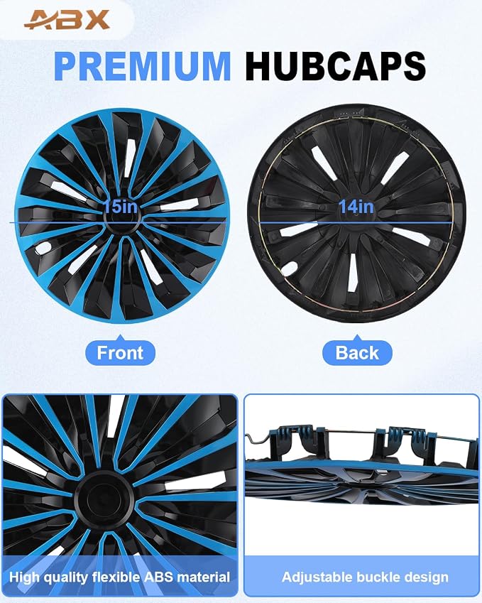 Hubcap Wheel Covers Hub Caps 15 Inch Set of 4 Black & Blue Universal Wheel Rim Cover R15 Stylish Car Decor Wheel Covers for Toyota Camry Nissan Mazda (TT Black & Blue, 15 inch)