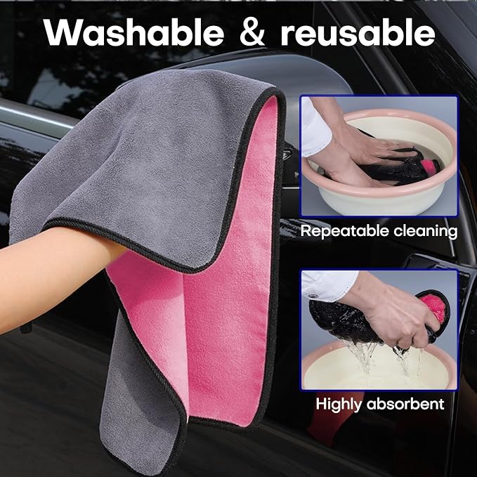 3PCS Car Microfiber Towels, 23.62"×11.81" Lint-free Microfiber Towels for Cars Wash Drying, Super Absorbent Auto Cleaning Cloths, Reusable Washing & Detailing Towel, Car Cleaning Supplies (Pink)