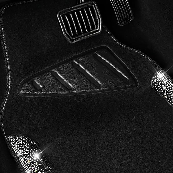 Bling Car Mats Shining Diamond Carpet Crystal Rhinestone Sparkly Glitter Floor Mats with Anti-Slip PVC Pad Universal Fit Automotive SUV,Sedan,Van,4pcs for Girl Women, Black Sliver Diamond