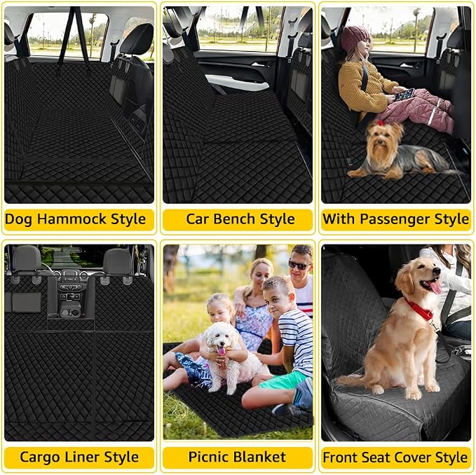 6 in 1 Car Seat Cover for Back Seat, 60/40 Split, 100% Waterproof with Mesh Window, Scratch Prevent Anti-slip Dog Hammock, Standard