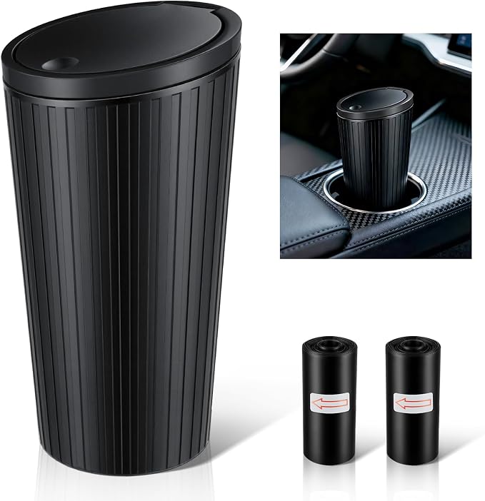 Car Trash Can with Lid, Leakproof Mini Garbage Bin for Car Cup Holder, Small Trash Can for Vehicle, Home & Office - Includes 30 Bags, Easy Clean (Black)