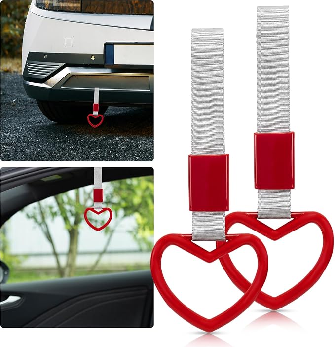 2 Pcs Heart Shaped Car Handle Strap – JD M Drift Charm Rear Bumper Warning Ring Decor for Car Interior Exterior, Subway Bus Handle Accessory, Cute Heart Car Decor Gift for Drivers (Red-Silver)