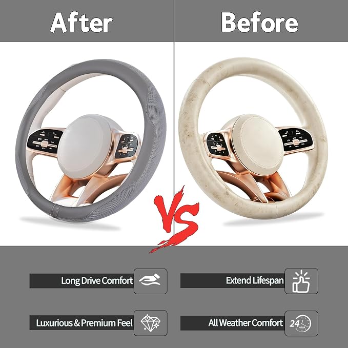 6 PCS Nappa Microfiber Leather Grey Steering Wheel Cover Set, Breathable Fabric Steering Wheel Cover 14.5-15inch Universal, Car Center Console Cover, Seat Belt Cushion, Cup Holder Coaster