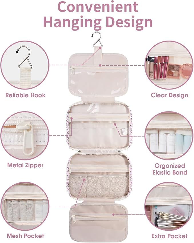 Travel Toiletry Bag for Women Large Hanging Makeup Bag Organizer Toiletries Bag for Full Size Essentials Accessories Cosmetics (Pink Flower (Large))
