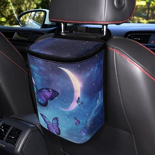 Butterfly Moon Cloud Galaxy Print Car Trash Can with Lid, Leak Proof Auto Trash Bag Hanging Vehicle Garbage Can Multipurpose Storage Container for Back Seat Road Trip