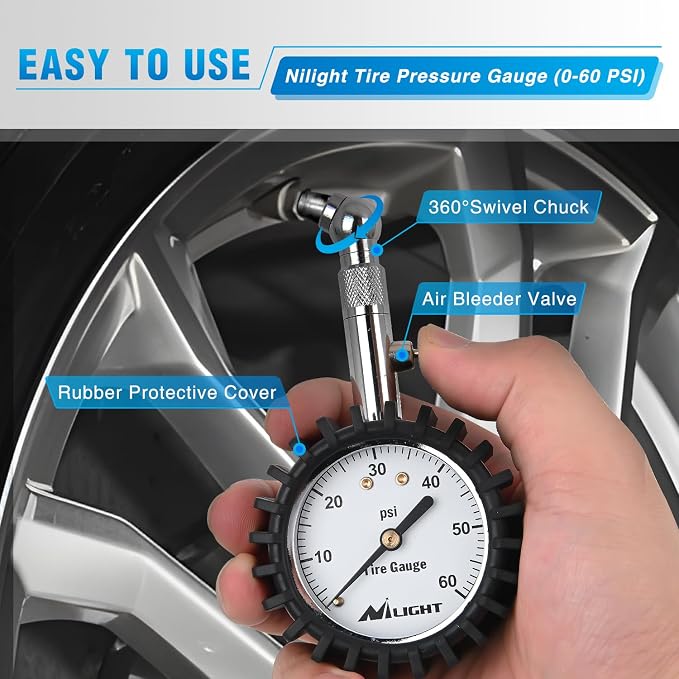 Tire Pressure Gauge 60PSI Heavy Duty Stainless Steel Air Chucks ANSI B40.1 Certified Large 2" Dial Wheel Service Checker for Truck Semi Truck ATV Motorhome Cars & RV Accessories
