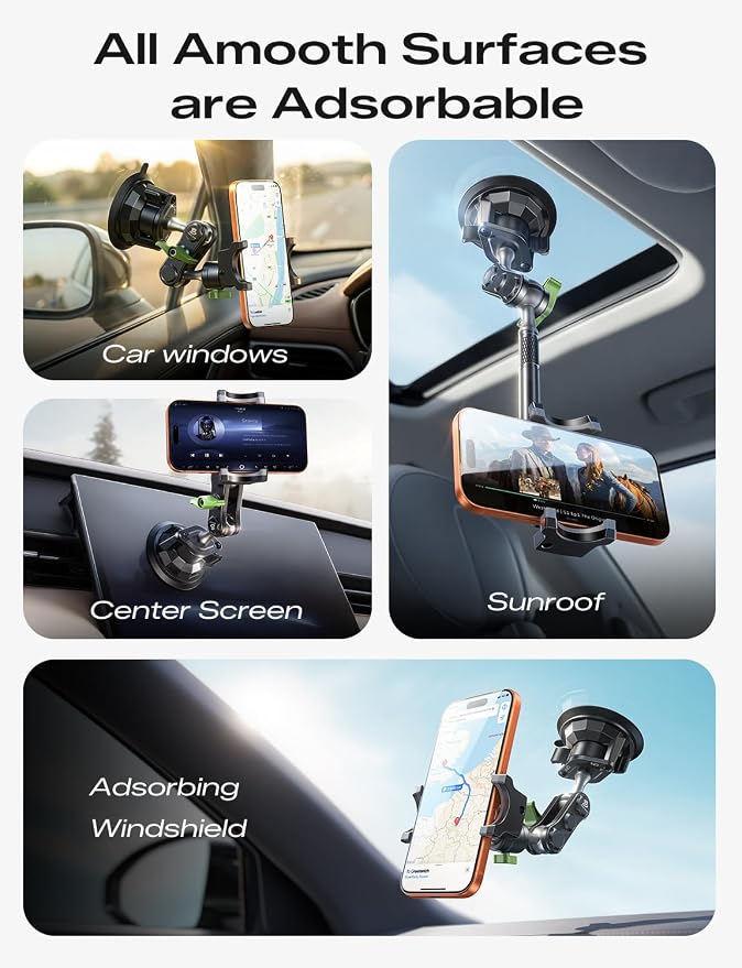 Car Phone Holder, Ultra-Durable Mteal Phone Holders for Your Car, 360° Rotation Cell Phone Car Mount for Windshield, Suction Cup Car Phone Mount for iPhone Samsung All Smartphone