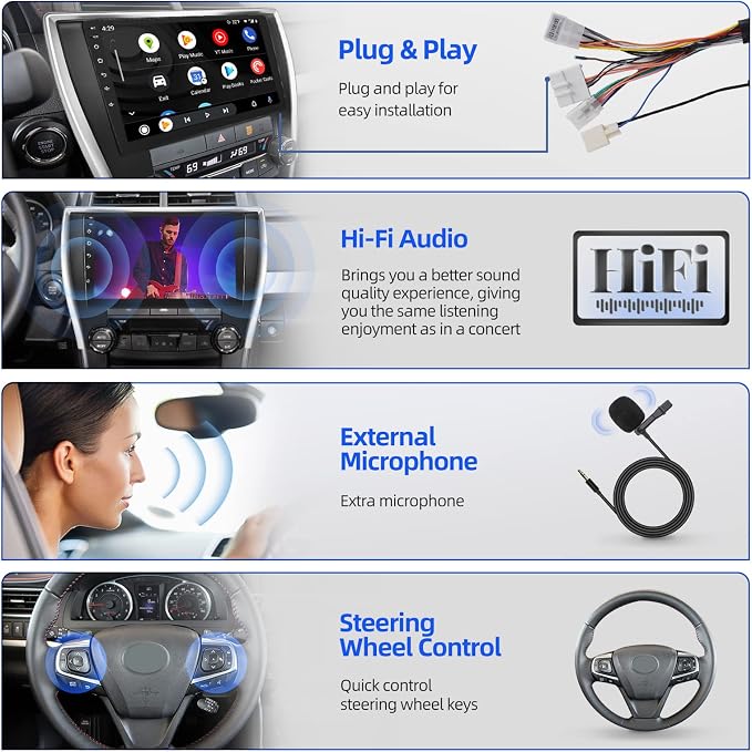 [2+64GB] Android 13 Car Stereo for Toyota Camry 2015 2016 2017, 10.1 inch Touch Screen Radio, Carplay&Android Auto/1080P/Hi-Fi Audio/Bluetooth/GPS/WiFi +MIC