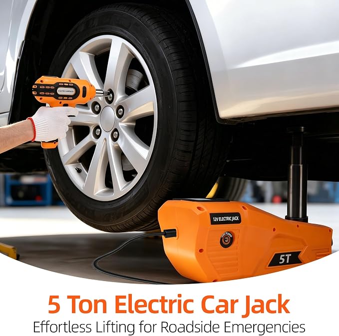 Electric Car Jack 5 Ton 12V Hydraulic Jack Lift with Impact Wrench Touch Screen Tire Inflator Pump Wireless Remote 3 Mode LED Light for Roadside Tire Change Cars Sedans SUVs MPVs Trucks