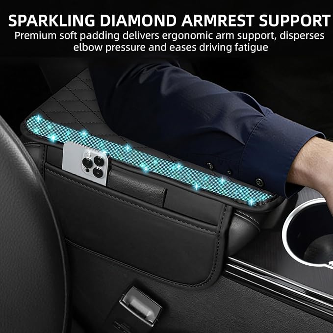 Bling Car Center Console Cover, Leather Car Arm Rest Cover Cushion with 2 Storage Bags, Universal Auto Armrest Protector Storage Box, Bling Accessories Interior for Most Vehicles (Aquamarine)