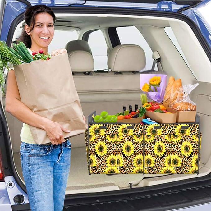 Car Trunk Organizer for SUV, 18.5Gal Large Capacity No-Sag Heavy Duty, Foldable Waterproof Anti-Slip Storage with 12 Pockets, Fit Sedan, Truck, Universal Car Accessories,Sunflower Leopard Print