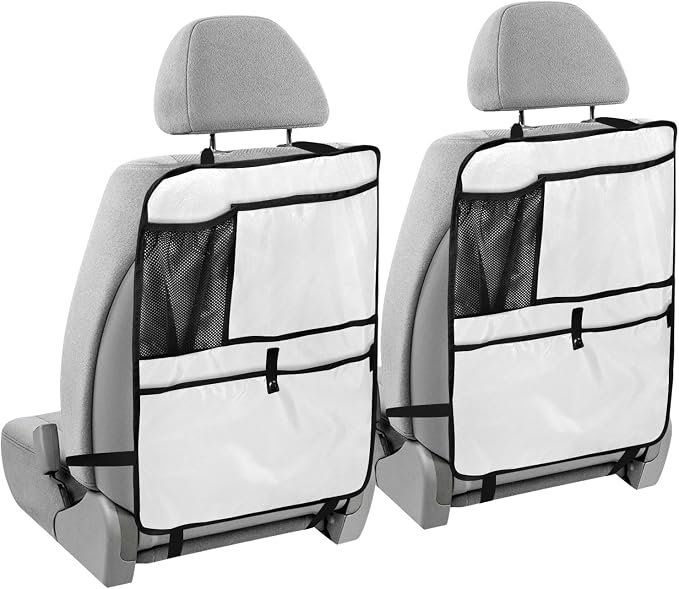 White Car Seat Organizer for Kids Backseat Kick Mat with Adjustable Strap Backseat Protector for Cars Vehicle SUV 1 Pcs