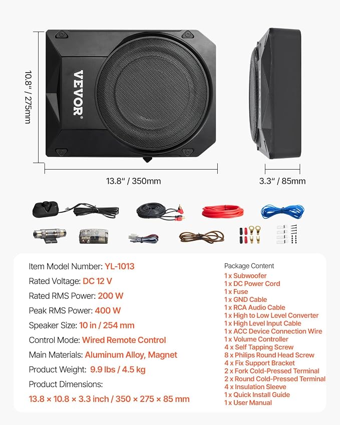 10" 400W Underseat Car Subwoofer, Slim Powered Car Subwoofers Under The Seat, Low Profile Audio Sub Built-in Amplifier, High/Low Level Input & Volume Controller for SUVs, Car, Truck, RV
