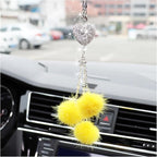 Bling Diamond Heart Car Interior Accessories, Heart & Pink Plush Ball Decor Ornament Pendant, Hanging Decoration Charm (Yellow)