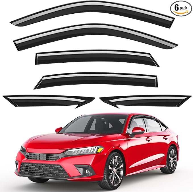 6pcs Outside-Mount Window Rain Guards Fit for 11th Gen Honda Civic Sedan 2022-2026 Full-Size, Extra Durable Window Visors Wind Deflector Dark Smoke Vent Shades Car Tape-on with Thicker