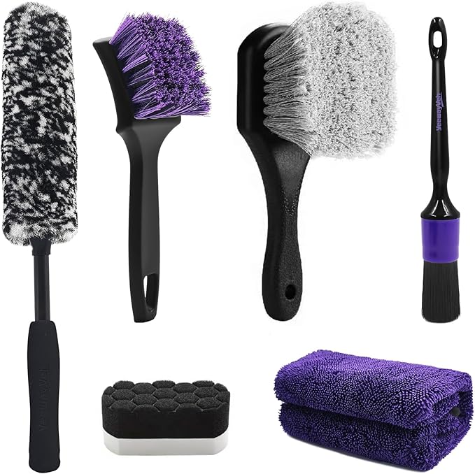 6Pcs Car Wheel & Tire Brush Kit, Professional Wheel Detailing Kit with Scratch-Free Rim Brush, Tire Brushes, Detailing Brush, Microfiber Towel & Tire Shine Applicator Pad, Vibrant Purple