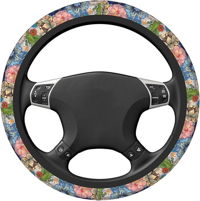 Colorful Boho Floral Bright Blossoms Print Cute Steering Wheel Cover for Women,Car Accessories Interior Decor Universal for SUV Sedan Trucks (15 Inch)