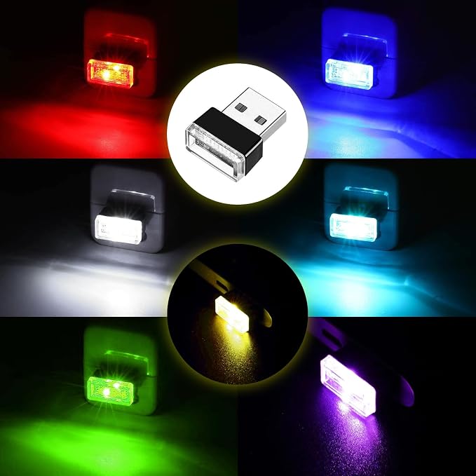 7 PCS USB LED Car Interior Atmosphere Lamp, Portable Mini LED Night Light, Plug-in USB Interface Trunk Ambient Lighting Kit, Universal Interior Accessories for Most Vehicles (MultiColour)
