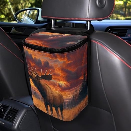 Forest Elk Cloud Print Car Trash Can with Lid, Leak Proof Auto Trash Bag Hanging Vehicle Garbage Can Multipurpose Storage Container for Back Seat Road Trip