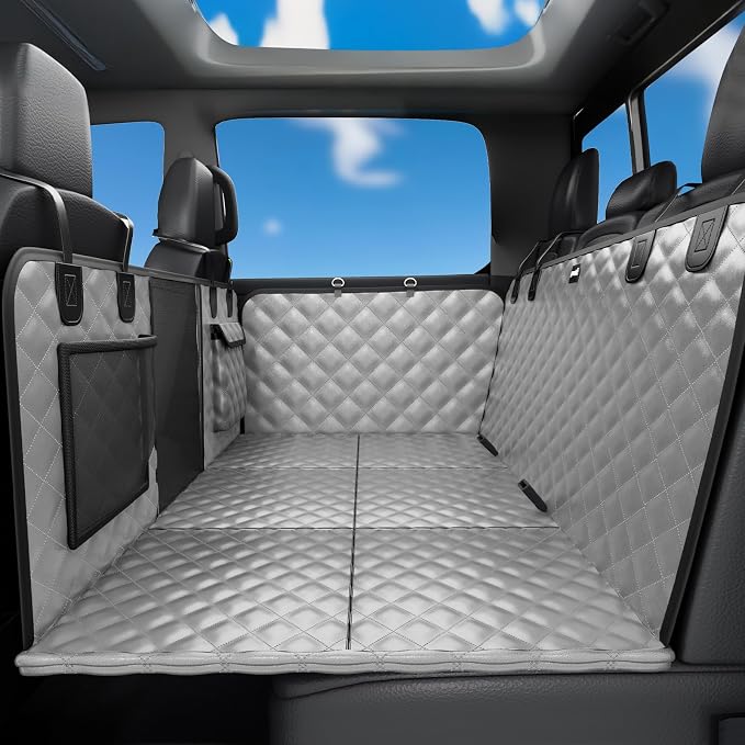 Back Seat Extender for Dogs 57 * 28.7 in, Upgraded Sofa Leather Dog Car Seat Cover for Back Seat, Foldable in the Car, Hard PVC Panels Bottom Support to 330 lbs, for Full Size Truck/SUV
