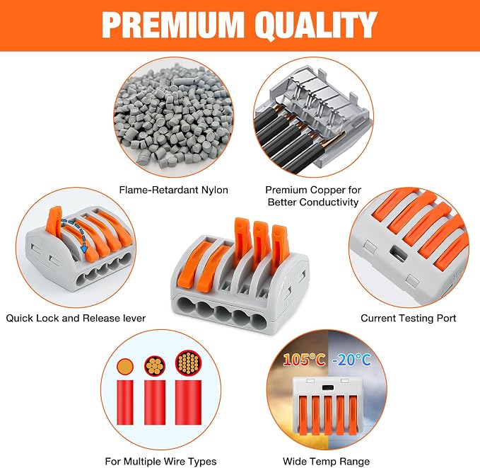 115PCS Lever Wire Connectors Nuts Kit 28-12AWG Inline Electrical Terminal 2 3 4 5 Port Assortment Quick Disconnect Push in Wires Connectors for Solid Stranded Wiring Projects