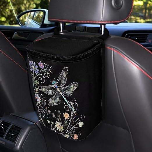 Dragonfly Flower Print Car Trash Can with Lid, Leak Proof Auto Trash Bag Hanging Vehicle Garbage Can Multipurpose Storage Container for Back Seat Road Trip