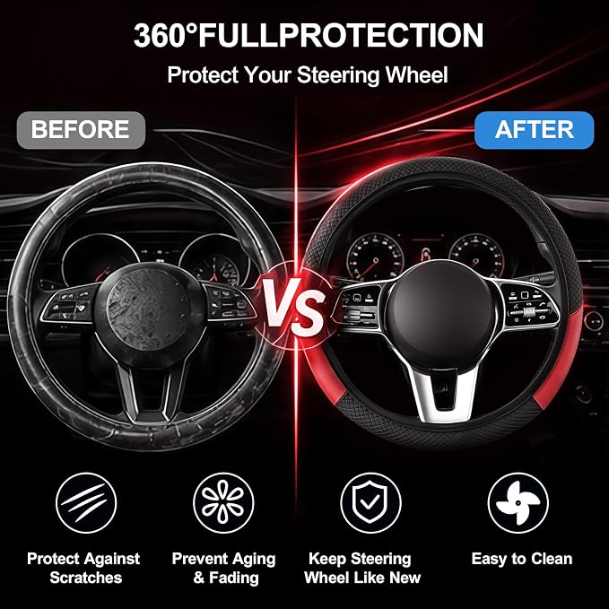 Car Steering Wheel Cover, 15 inch Carbon Fiber Microfiber Anti-Slip Breathable PU Leather Elastic Steering Wheel Protector, Car Interior Accessories for Most Cars (AD-red)