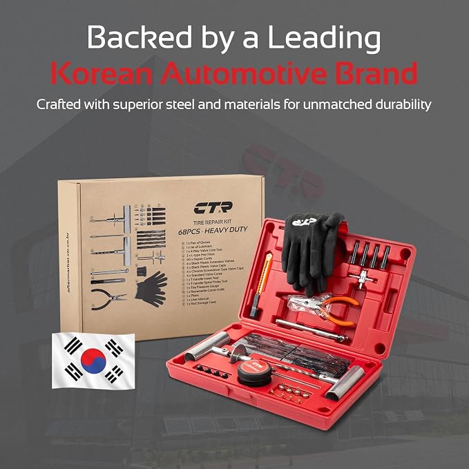 Heavy Duty Tire Plug Kit - 68pcs All-in-One Universal Tire Repair Kit with Plugs, Professional Tools for Tubeless Tyre Flats for Cars, Truck, RV, SUV, ATV, Motorcycle, Tractor, Trailer - GE0001