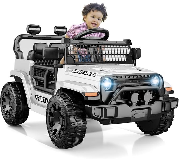 12V Ride on Toys with Parent Remote Control, Toddler Electric Car with Spring Suspension, LED Lights & Music Player - Safe Battery Car for Kids, Easy to Assemble, White