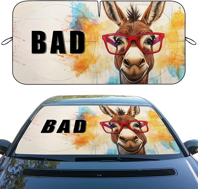 Sassy Donkey Car Window Sun Shield Watercolor Splash Funny Cute Animal Front Window Sun Shade Blocks UV Rays Sun Visor Protector for Car Sedan Truck SUV Accessories 59" L x 31.5" W
