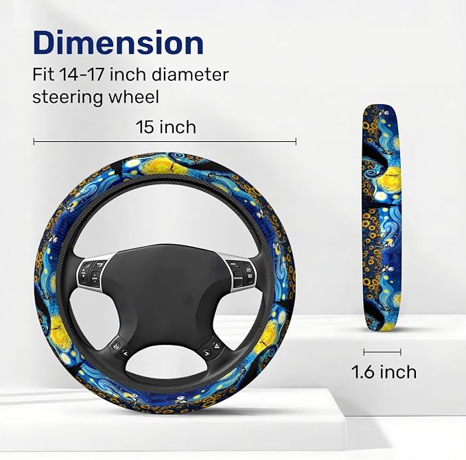 Blue Starry Gothic Steering Wheel Cover, Polyester Non-Slip Car Wheel Grip, Universal 15 Inch Auto Accessory