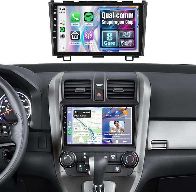 8Core 4G+64G Radio for Honda CRV 2007-2011, Qual-comm Snapdragon Chip, Wireless Carplay Android auto, 9 inch IPS Touchscreen Radio for CRV, Bluetooth GPS 5GWIFI Backup Camera FM RDS SWC