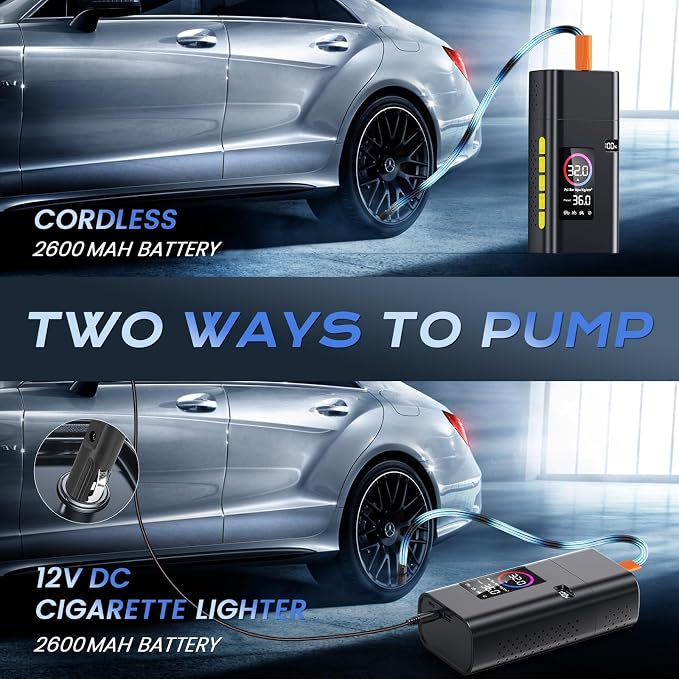 180psi Tire Inflator Portable Air Compressor,26000mah Air Pump For Car Tires,5x Fast Bicycle Pump With Digital Lcd Pressure Gauge/Led Light/Power Bank, Bike, Motorcycle（Black)