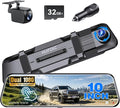 Mirror Dash Cam,Rear View Mirror Camera 10'', 1080P FHD Full Touch Screen Dash Cam Front and RearCam with Night Vision, Streaming Media 170°Wide Angle Parking Assistance Free 32GB Card