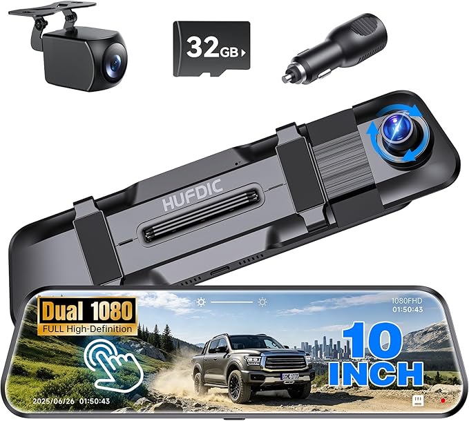 Mirror Dash Cam,Rear View Mirror Camera 10'', 1080P FHD Full Touch Screen Dash Cam Front and RearCam with Night Vision, Streaming Media 170°Wide Angle Parking Assistance Free 32GB Card