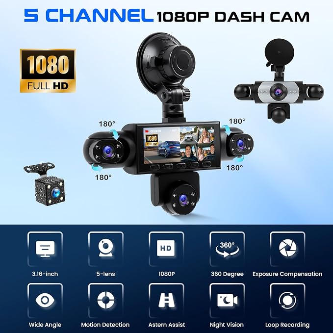 5 Channel Dash Cam 360° View, 1080P Front and Rear Left Right Inside 3.16 Inch Dash Camera for Cars, 12 Lights Night Vision, Motion Detection Camera for Cars