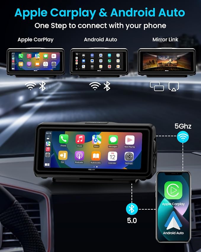 Portable Apple Carplay Screen for Car, Touch Screen with Wireless Android Auto, Car Audio Receivers with Voice Control, Mirror Link, Music Play, GPS Navigation, Built-in Customized Speakers (Black)