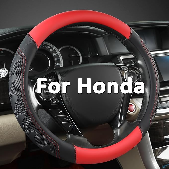 Microfiber Leather Steering Wheel Cover for Honda Accord,Civic,CR-V,HR-V,Pilot(Black+Red-Standard Size)