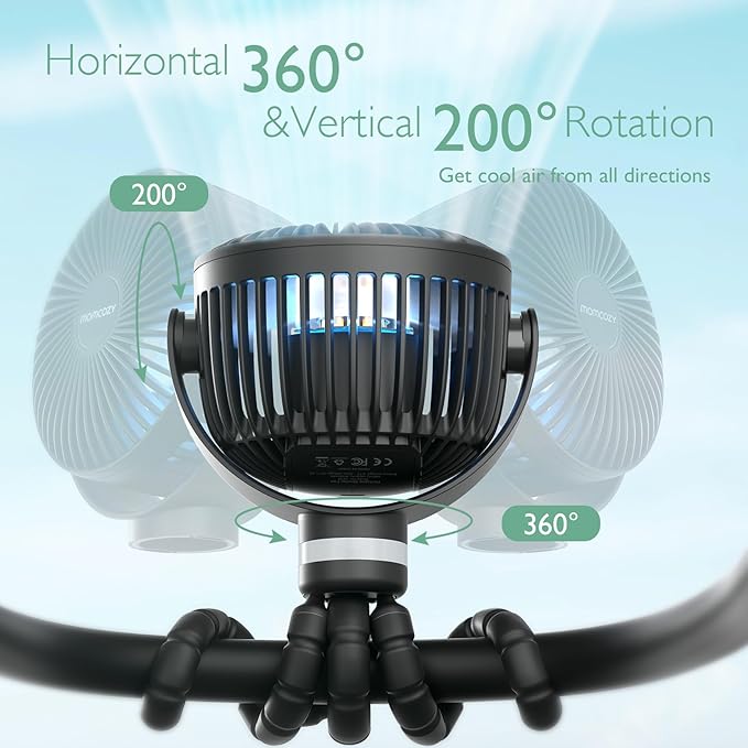 8000mAh Portable Stroller Fan | 27H Ultra-long Battery Life | Detachable 4 Speed 360°Rotate | 2 Modes LED Night Light, USB Rechargeable Handheld Cooling Fan for Travel, Car Seat, Bedroom