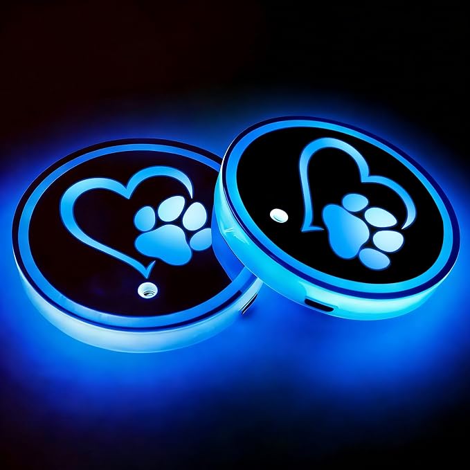 2Pcs Heart Dog Paw LED Car Cup Holder Coasters 7 Colors Lights Up Cups | with USB of Car Accessories for SUV Trucks Sedans,Waterproof Interior Atmosphere Lamp,Gifts for Women Men Pet Love