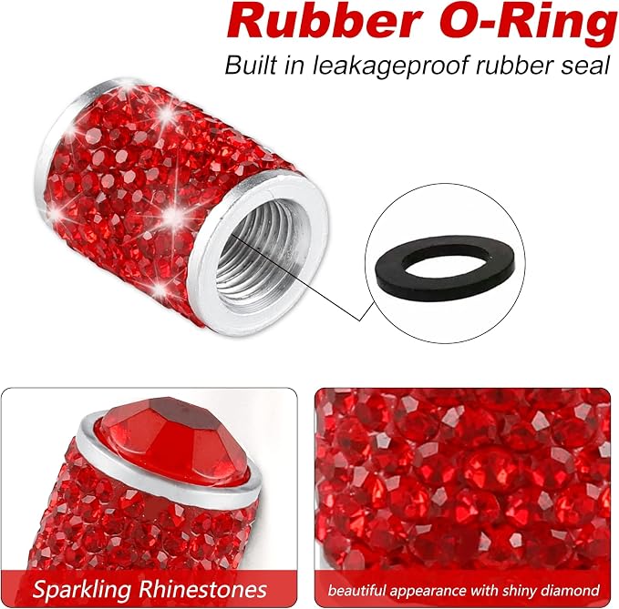 Car Wheel Tire Valve Caps, 4 PCS Bling Tire Valve Caps, Crystal Tire Caps Shinny Rhinestone for Women, Universal Car Dustproof Tire Valve Caps for Cars, Trucks, SUV and Motorcycles (Red)
