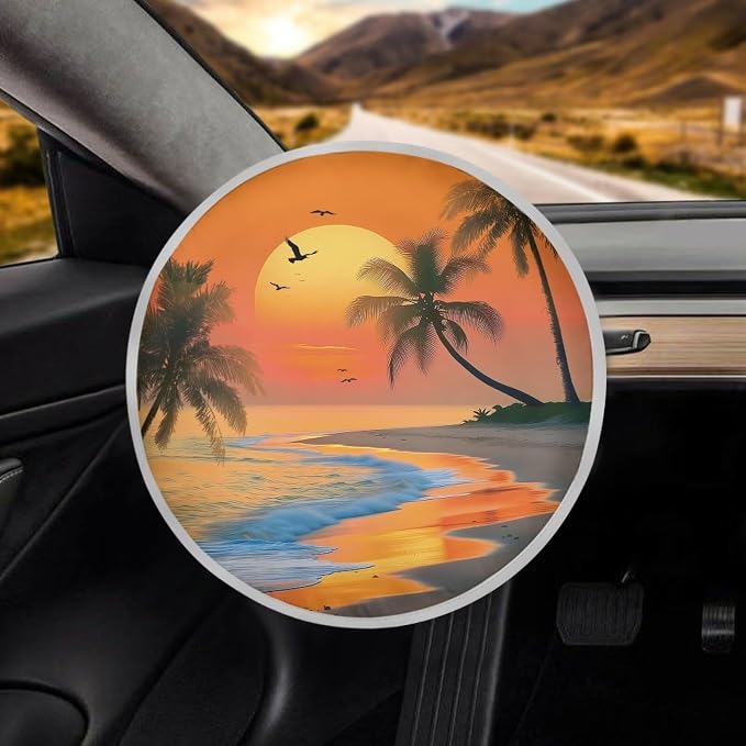 Beach Sunset Palm Tree Steering Wheel Cover Sunshade Sun Shade for UV Protection Easy Installation Auto Interior Protector Reflect UV Sun and Heat and Protect Your Car