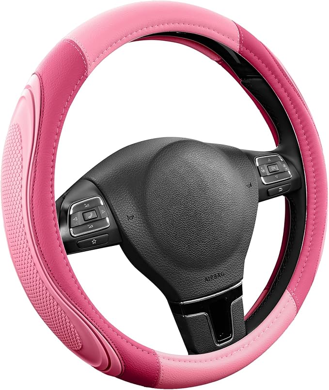 Car Steering Wheel Cover - Microfiber Leather Steering Wheel Wrap Sports 14.5-15 Inch Steering Wheel Cover Non-Slip for Men Women Pink & HotPink Color