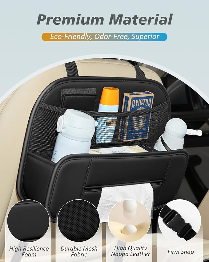 Hanging Car Backseat Organizer, 5-in-1 Premium Leather Headrest Seat Back Storage with Cup Holder, Foldable Hanging Car Tissue Holder 2 Pack